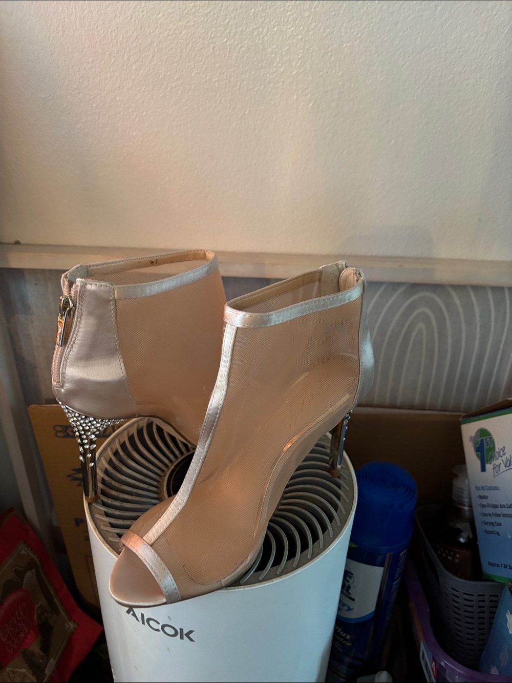 Jewel Badgley Mischka Champagne Mesh Peep-Toe Stiletto Booties with Crystal Heel